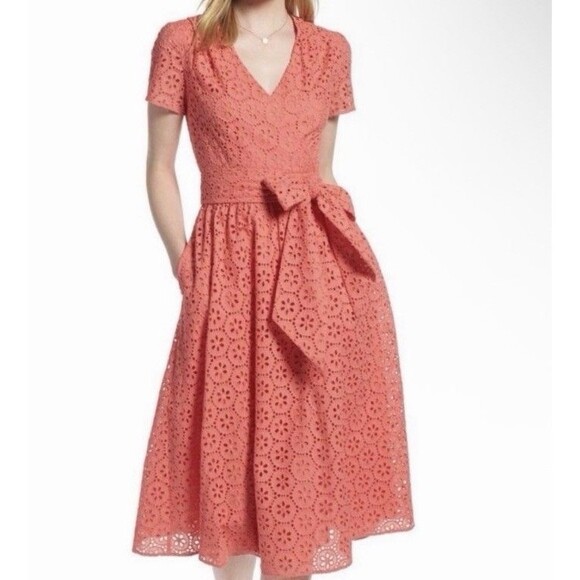 1901 Dresses & Skirts - 1901 Eyelet Lace Midi Dress Coral Orange Wrap Style Short Sleeve size 6‎